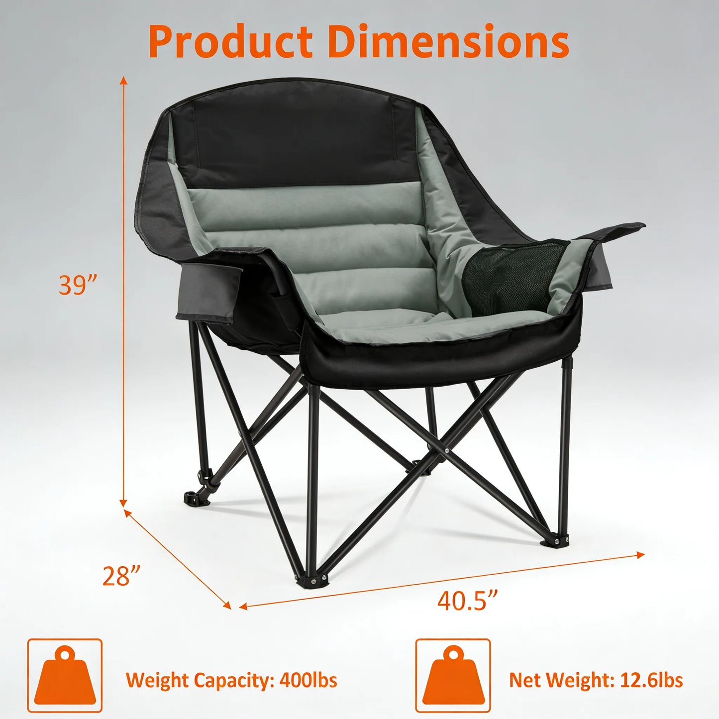 Oversized Folding Camping Chair, 400lbs Capacity with Side Pocket & Cup Holder