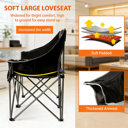 Fully Padded Folding Camping Loveseat, 650LBS Capacity with Cup Holders