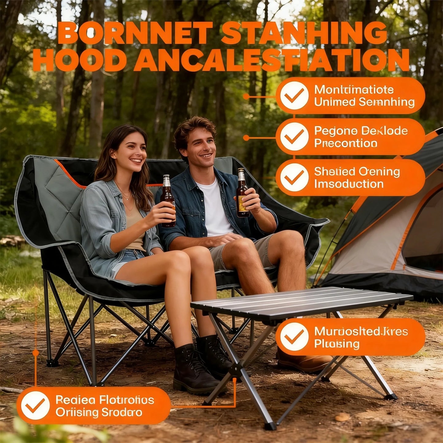 Fully Padded Folding Camping Loveseat, 650LBS Capacity with Cup Holders