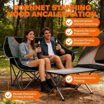 Fully Padded Folding Camping Loveseat, 650LBS Capacity with Cup Holders