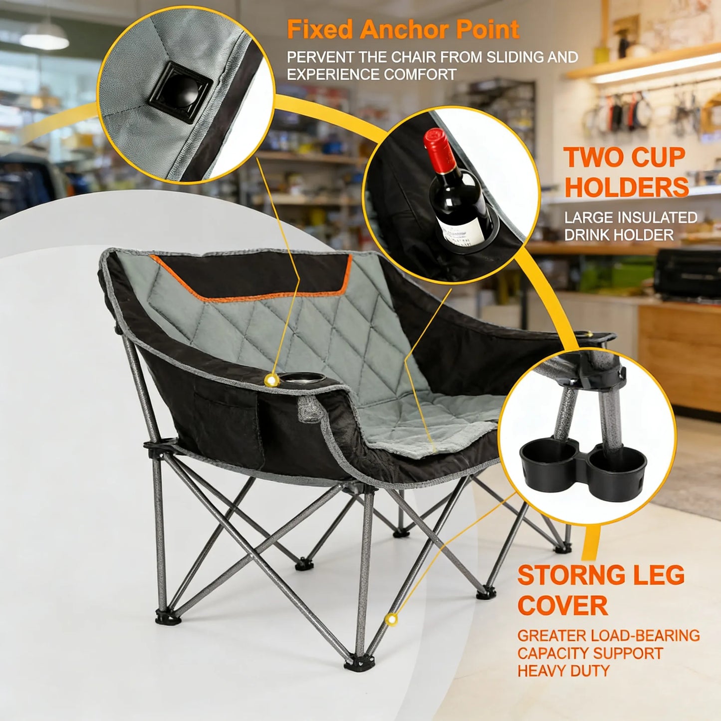 Fully Padded Folding Camping Loveseat, 650LBS Capacity with Cup Holders