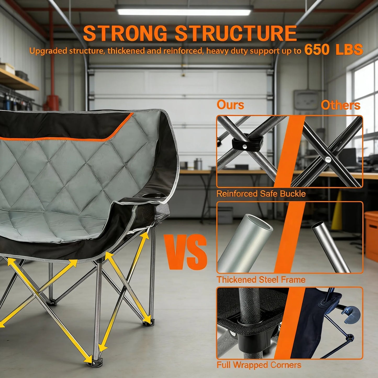 Fully Padded Folding Camping Loveseat, 650LBS Capacity with Cup Holders