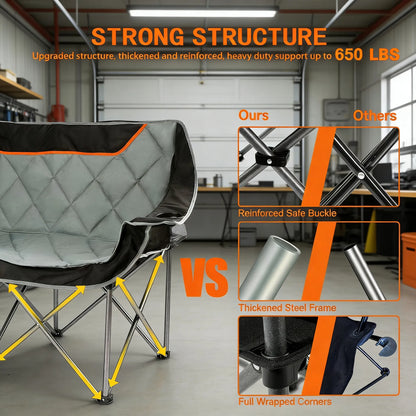 Fully Padded Folding Camping Loveseat, 650LBS Capacity with Cup Holders